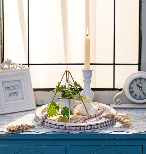 Hanobe Round Wooden Decorative Tray: Coffee Table Tray with Wood Beaded Garland Decor Set